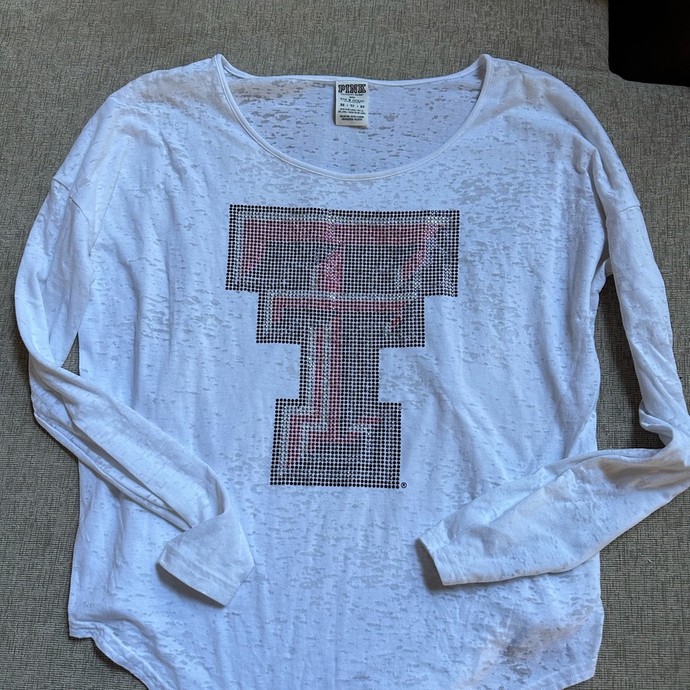 Victoria's Secret White Long Sleeve Top with Red and Black Bling Texas Tech